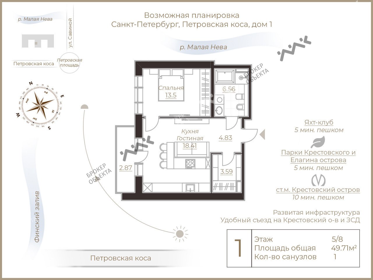 1 комн. кв. 49.71 m2 5/8 этаж Петровская коса, д.1, к.2, лит.А Купить по  цене 21900000 ₽