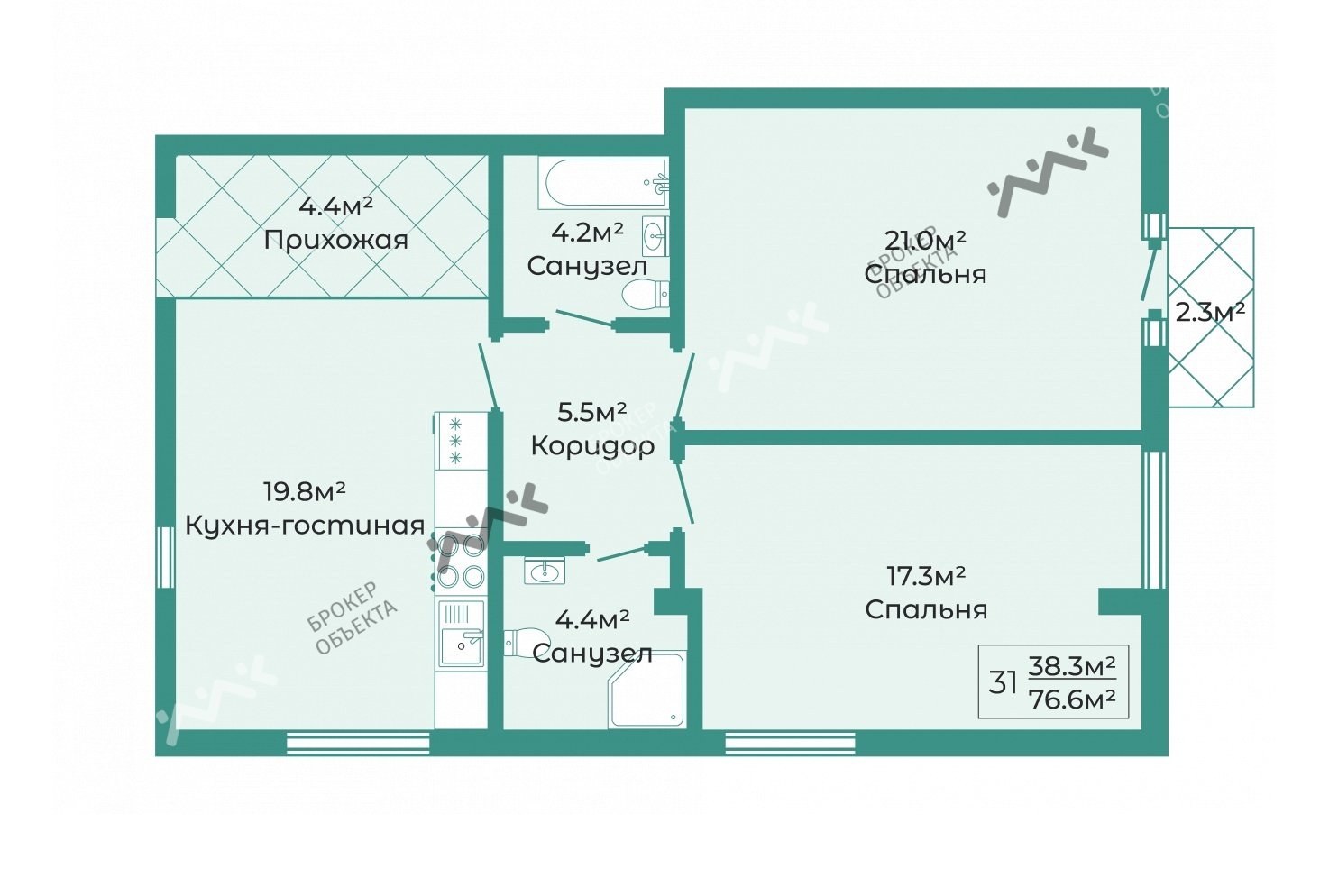 2 комн. кв. 76.6 m2 5/9 этаж 15-я В.О. линия, д.84, к.2, лит.Б Купить по  цене 21065000 ₽