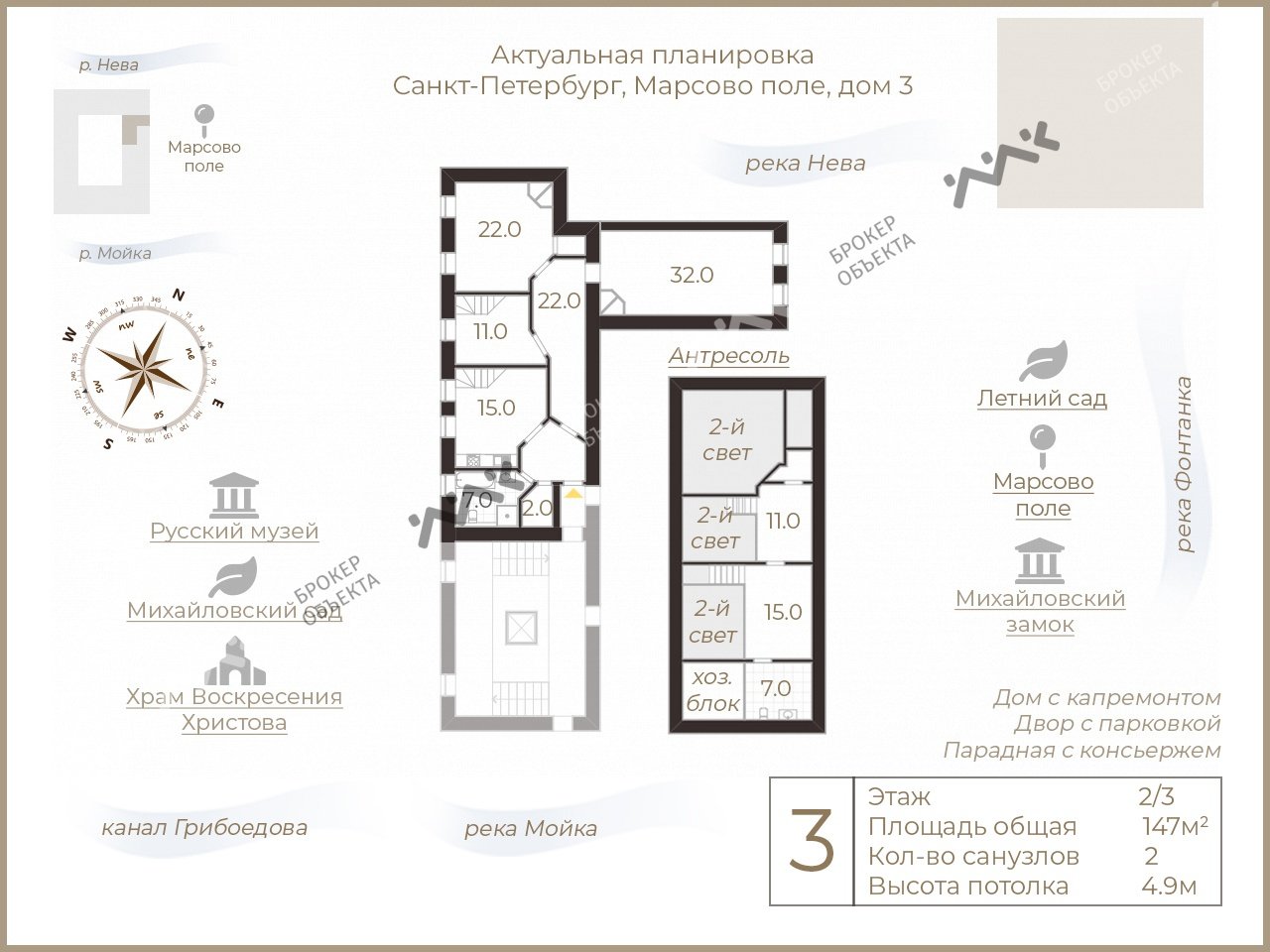 3 комн. кв. 147 m2 2/3 этаж Марсово поле тер., д.3 Купить по цене 59900000 ₽